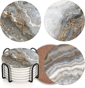 Coasters for Drinks, Ceramic Stone, Grey Marble - Set of 6