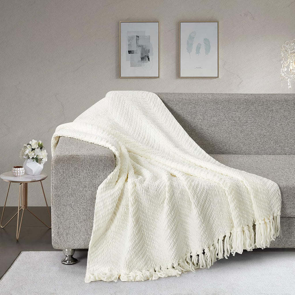 Warm Tassel Knit Blanket Throw Size, Cream Thick Knitted Armchair Office Chair Throw Blankets, Winter Chunky