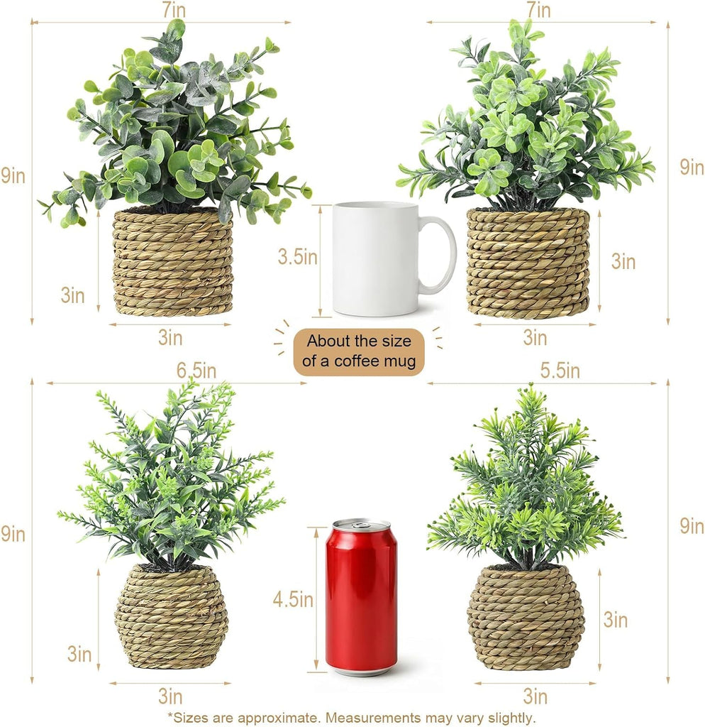 Small Fake Plants, 4 Pack Artificial Plants in Handwoven Seagrass Baskets | Natural Woven Texture, 4 Unique Plant