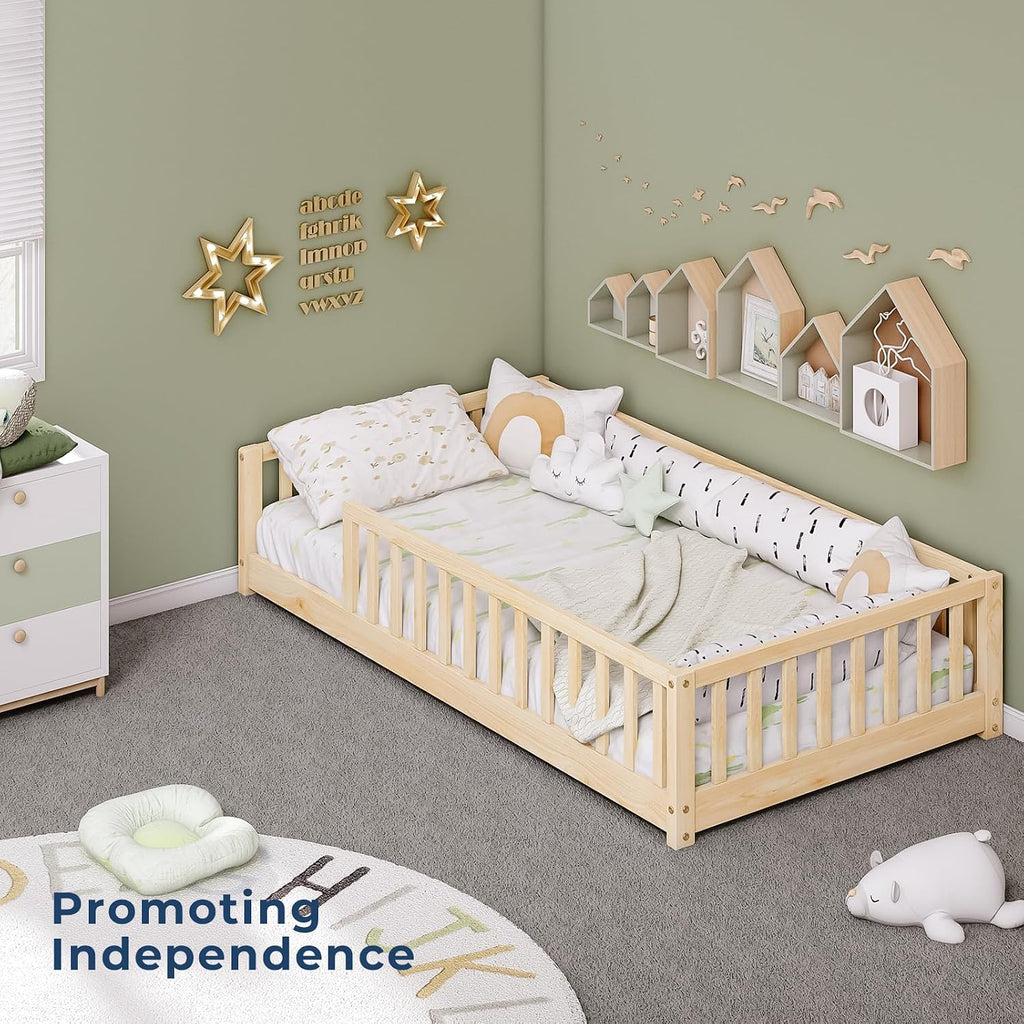 Twin Montessori Floor Bed with Rails | Solid Wood Natural Floor Bed Frame for Kids, Montessori Bed with Slats, No Box