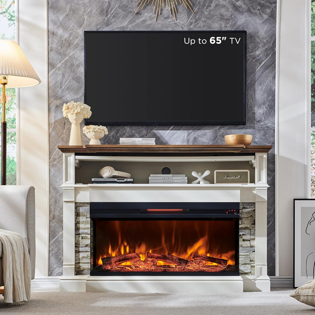 52 Inch 3-Sided Glass Fireplace TV Stand for TVs up to 65 Inches, 36 Inch Tall Highboy Farmhouse Entertainment Center with Storage, Antique White
