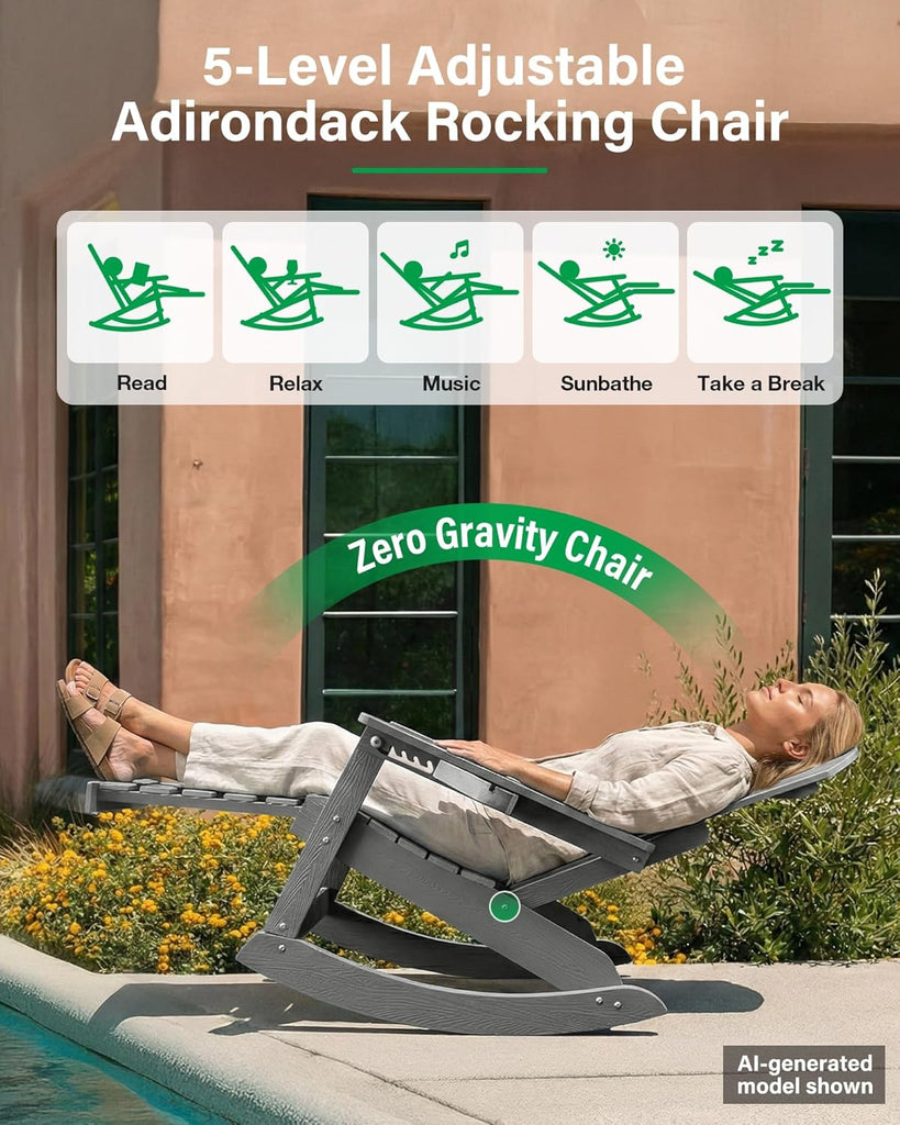 Adirondack Rocking Chairs, Adirondack Chair with Footrest, Grey | 5- Level Adjustable Backrest, Retractable Ottoman &