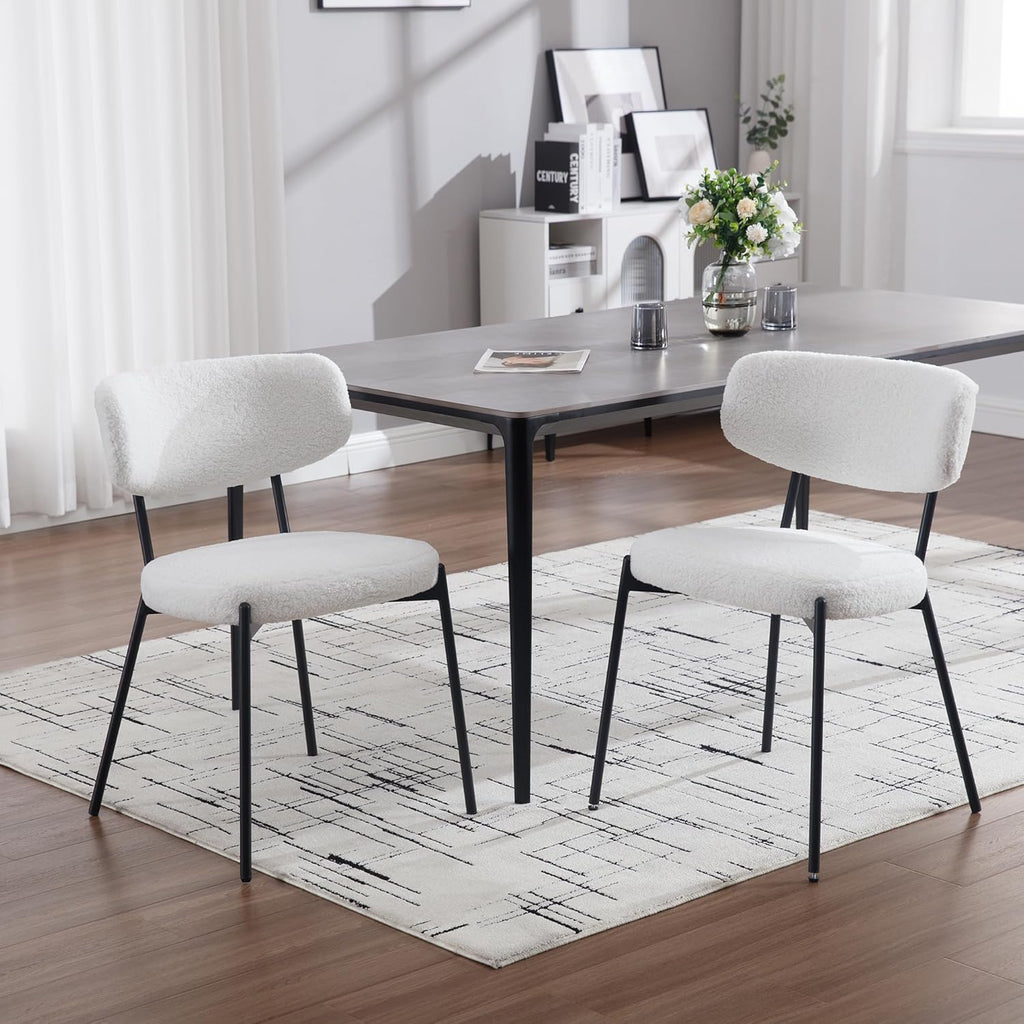 Boucle Dining Chairs Set of 2, Modern Mid-Century Upholstered Stylish Kitchen Chairs Sherpa Accent Diner Chairs