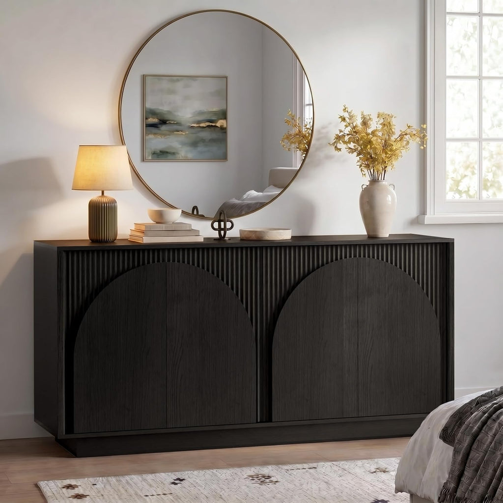 65.35" Fluted Sideboard Buffet Cabinet with Arched Doors Black | Mid Century Modern Accent Cabinet with Arched Doors