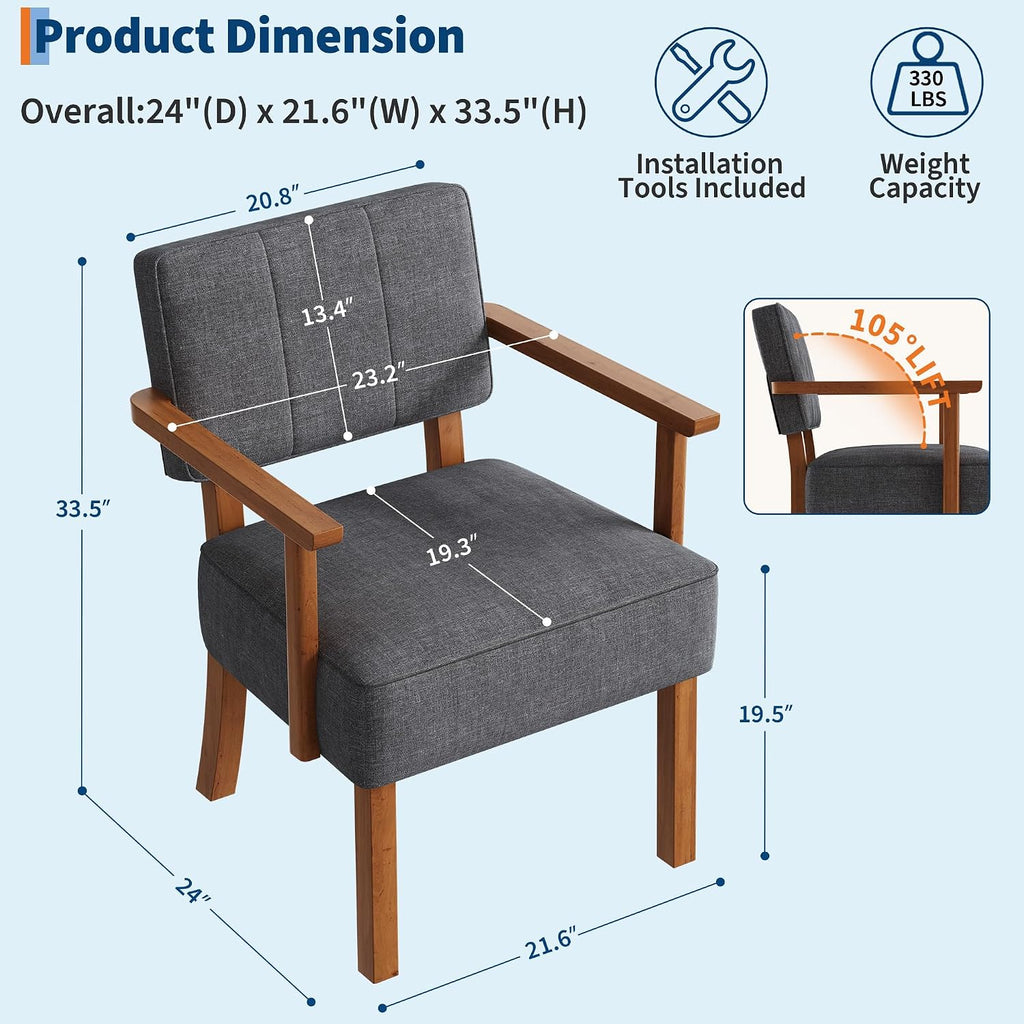Mid-Century Modern Accent Chair with Soild Wood Frame,Vertical Striped Linen Upholstered Living Room Chair, Reading