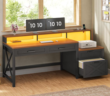 Farmhouse Home Office Desk with File Drawer & Power Outlet, Computer Desk with 4 Drawer, Storage Shelves