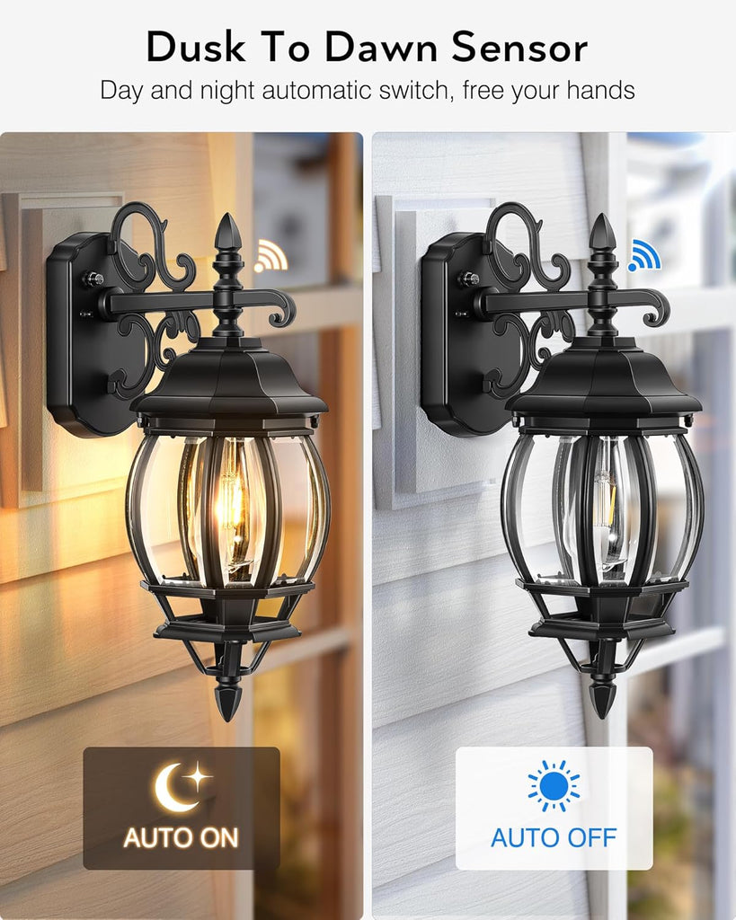 Dusk to Dawn Outdoor Lighting Fixture for House, Black Exterior Wall Light Wall Mount Sconce with Tempered Glass