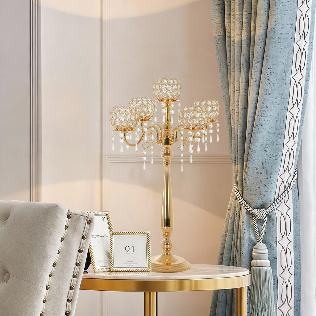 2Sets 5 Arm Gold Crystal Candelabra Centerpieces for Table,29.5 Inch Tall Metal Candlestick Holdersrty Table Decoration