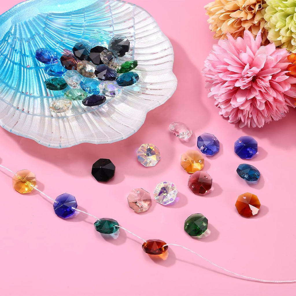 14mm Glass Octagon Beads, Sun Catcher Beads Bulk 2 Hole Sun Catcher Pendants 0.55" & 120 Pcs & Clear Black-Fitting