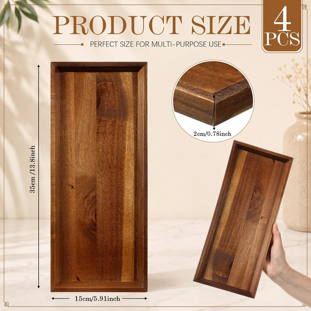 Wooden Acacia Serving Platter Set of 4, 13.8 x 5.9 Inch Rectangular Trays for Charcuterie Board Sushi Appetizers