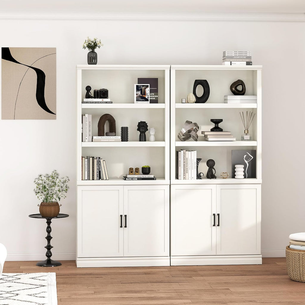 5 Shelf Tall Bookcase with Doors White Bookshelf 31in Wide Display Standing Shelf 72in Tall Wood Book Shelves Library