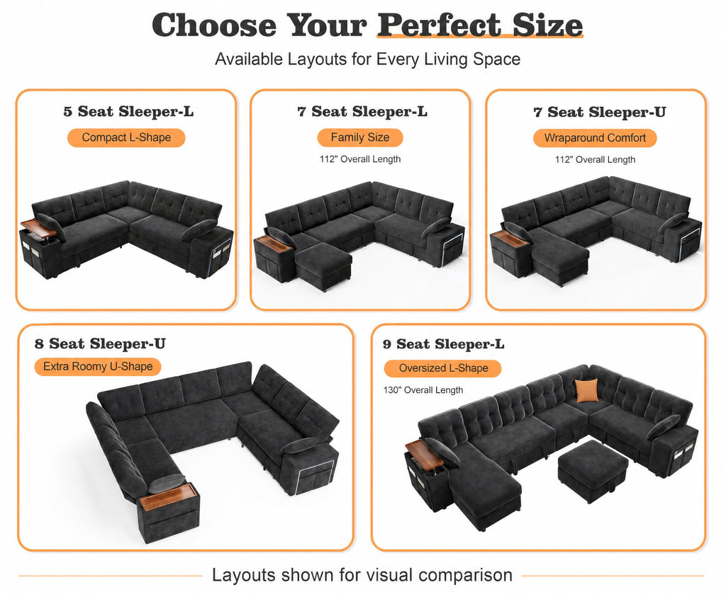 8 Seat Modular Sectional Sleeper Sofa with Pull Out Bed, U-Shaped Couch with Reclining Backrest, Lift Top Storage