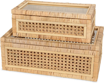 Large Handwoven Boho Rattan Display Boxes with Glass Lids Set of 2 | Rectangular Decorative Storage Bins Natural
