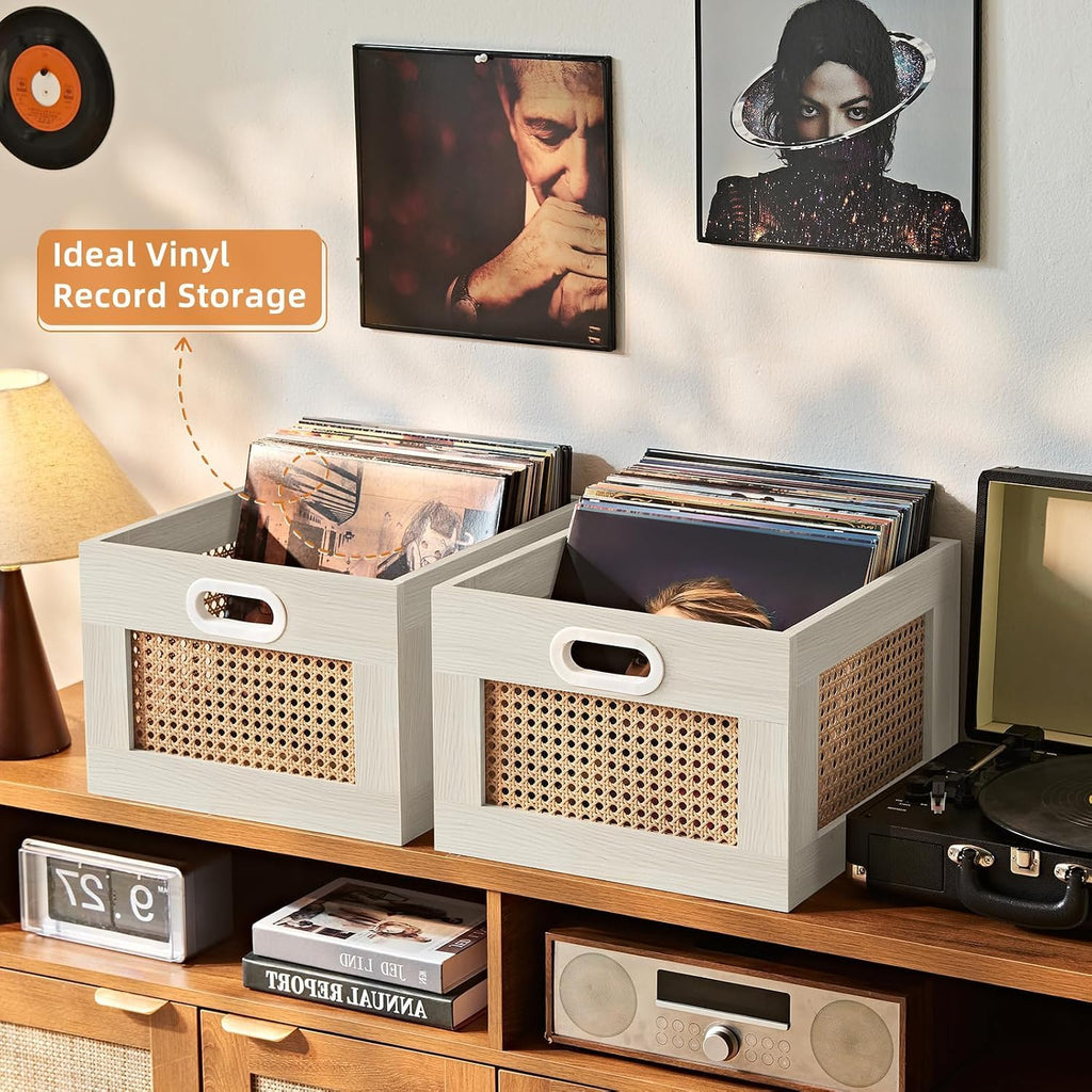 2 Pack Vinyl Record Storage Crates, Rattan Vinyl Record Holder