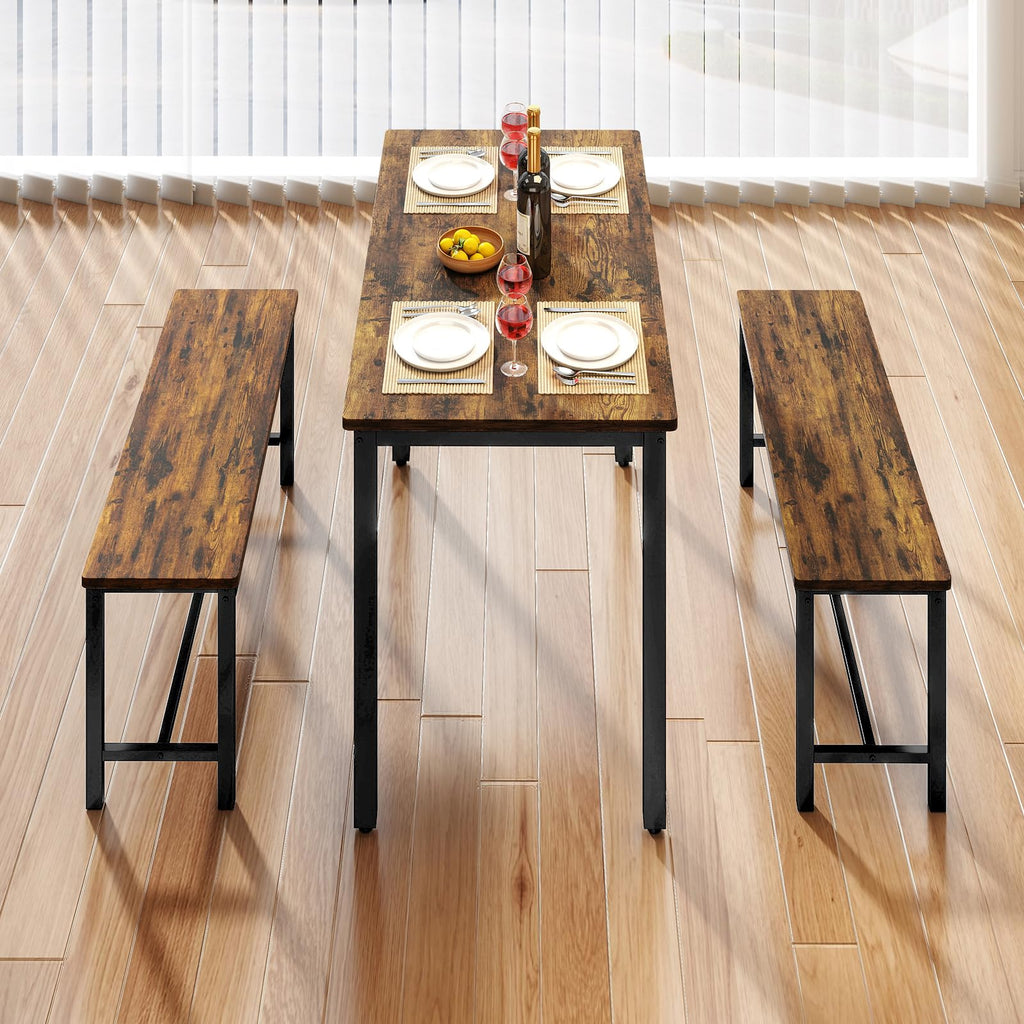 43" Dining Table Set for 4, Modern Space Saving Kitchen Breakfast Table with Benches & Adjustable Feet, Wooden