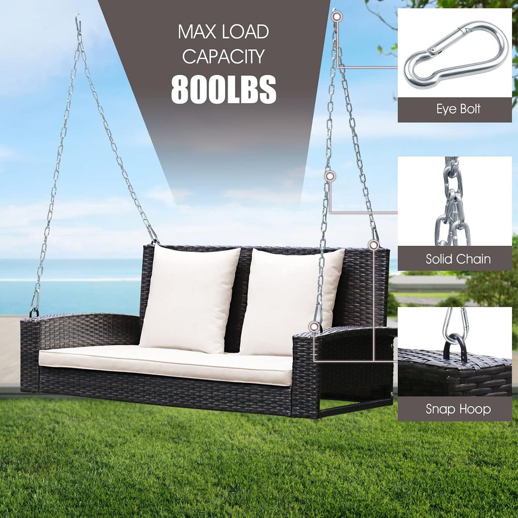 2-Person Wicker Porch Swing, Patiojoy Outdoor Rattan Hanging Swing Bench W/ 2 Back Cushions & 1 Seat Cushion, Sturdy