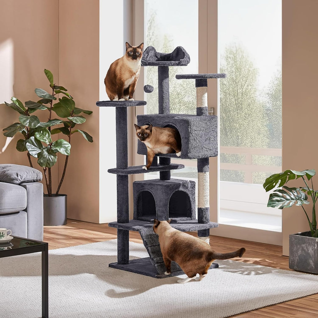 54in Cat Tree, Multi-Level Cat Tower with Spacious Kitten-ear Perch, 2 Cozy Caves, Scratching Posts, Climbing Ladder