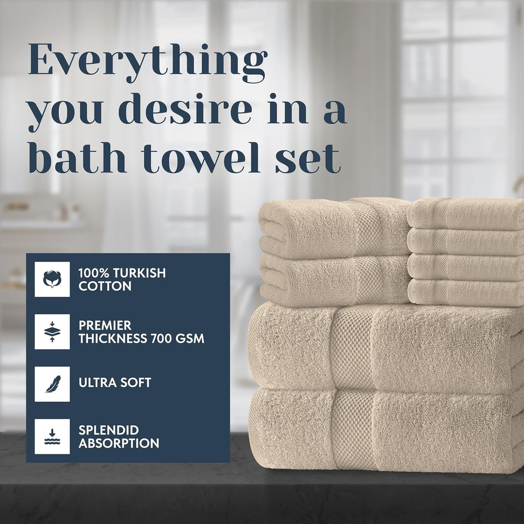 Luxury Bath Towel Set of 8 Pieces - 100% Turkish Cotton Highly Absorbent Towels , 2 Luxury Bath Towels 700GSM, 2 Hand