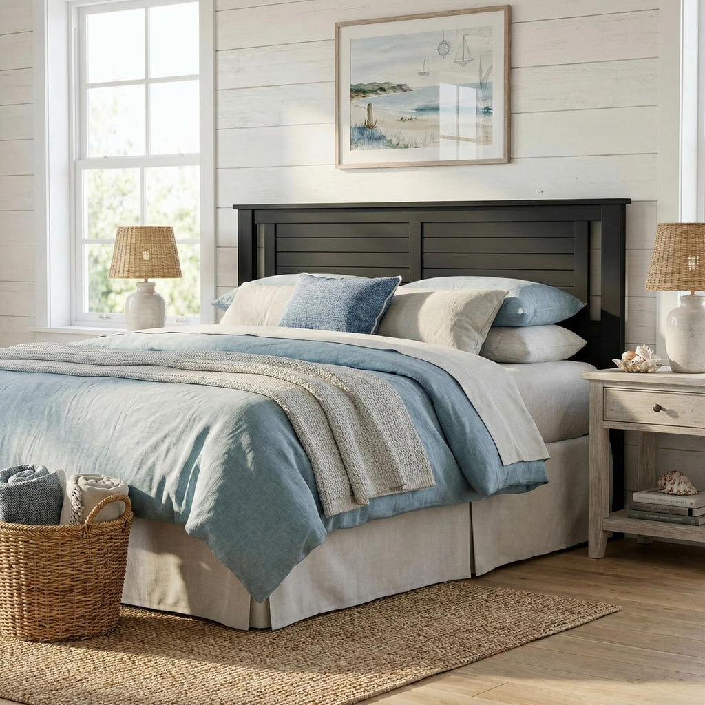 Serene Solid Wood Panel Headboard with Horizontal Scoring, King, Black, Easy Assembly, Quality Materials