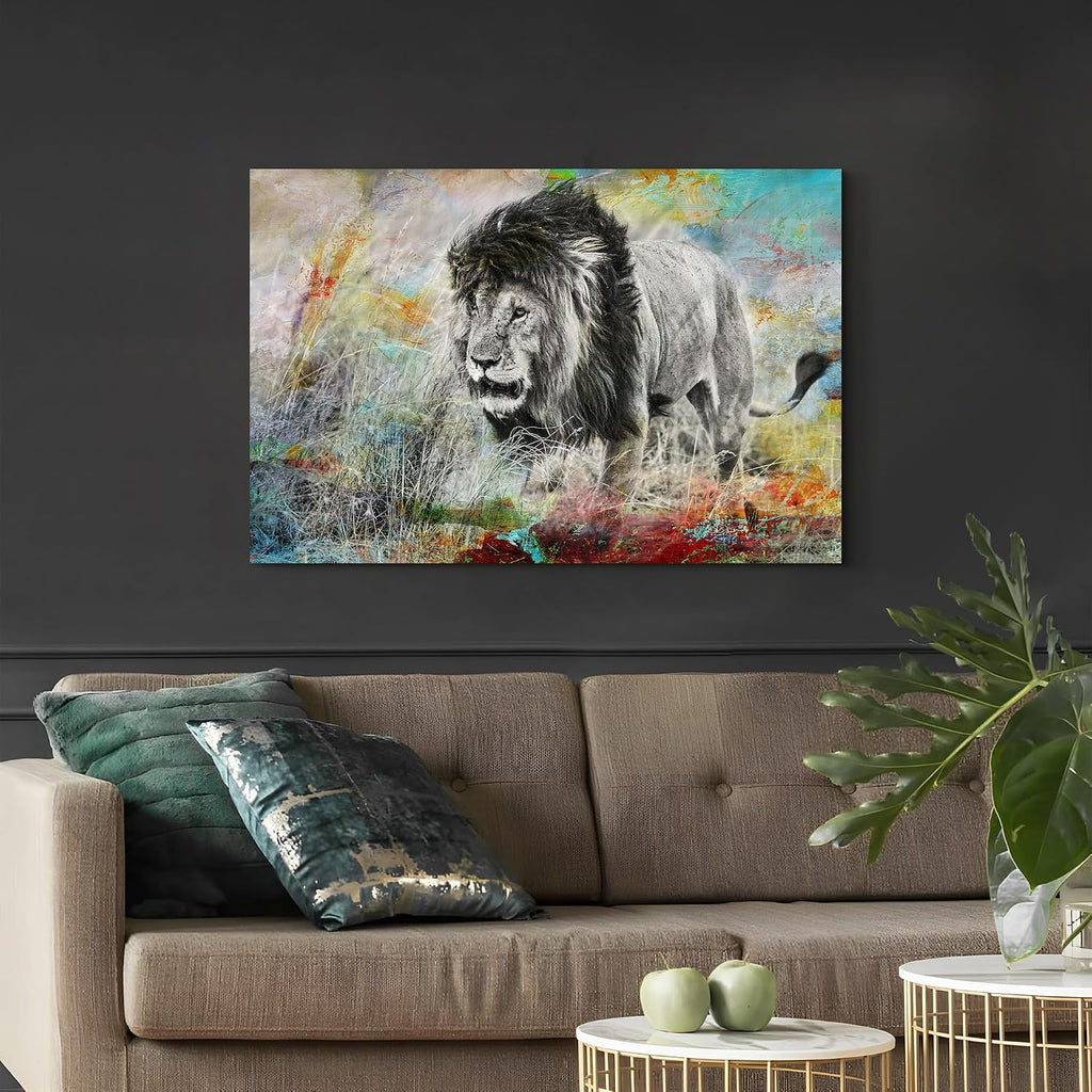 Lion Pictures Wall Decor Framed: Wild Animal Portrait Canvas Lion Picture Wildlife Painting Print
