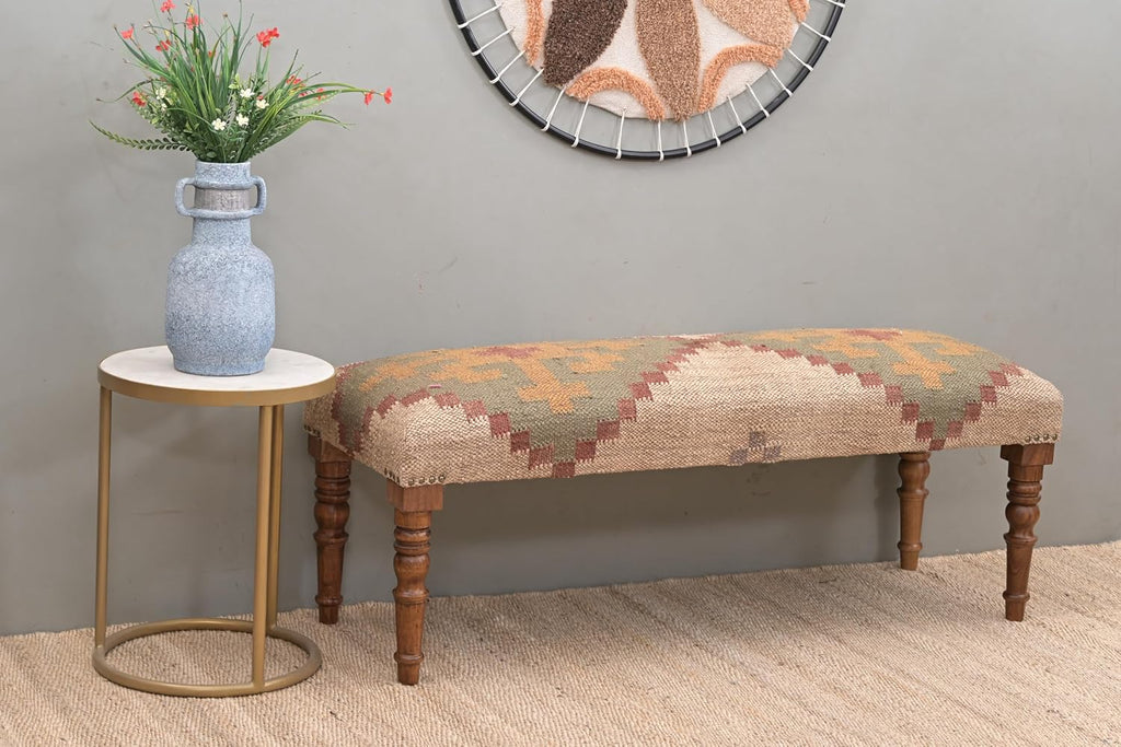 Acacia Wood Kilim Pattern Jute Fabric Decorative Upholstered Bench | Wooden Ottoman with Turned KD Legs , End of Bed