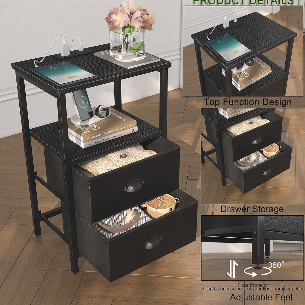 Nightstand with Charging Station, LED Night Stand Set 2, Bedside Table End Table Set of 2, Bedroom Table with 2