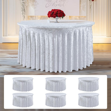 6 Pack White Velvet Round Tablecloth 60 inch, Thick Shiny Velour Stretch Fitted 5ft Round Tablecloths 120 inch