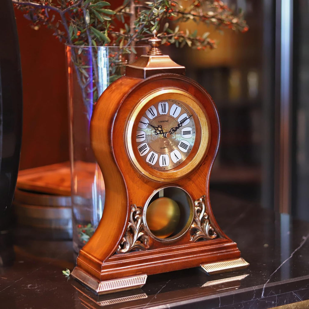 Table Clock 15''H Mantel Clock with Pendulum Roman Numeral Antique Desk Clock for Bedroom Living Room Indoor for Home