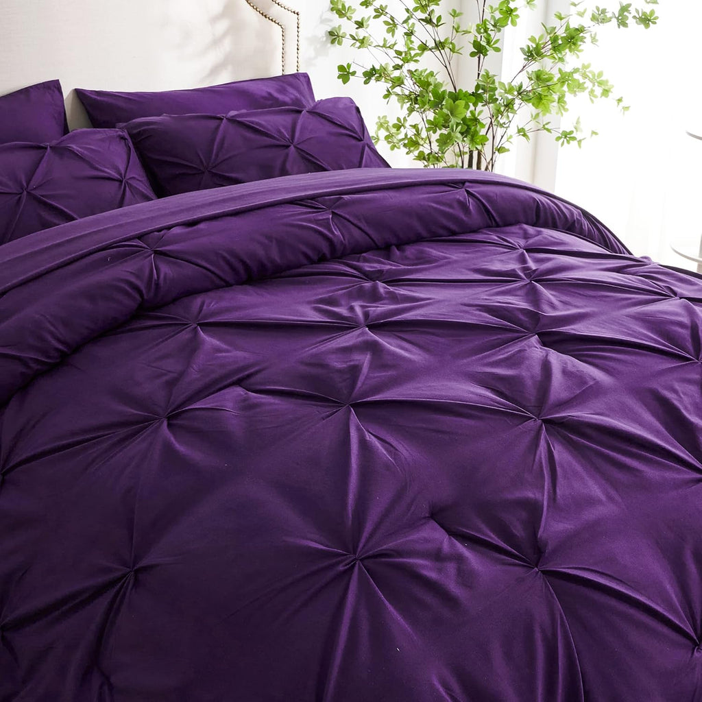 7pc Purple Comforter Set with Sheets, Pintuck 7 Piece Bedding Comforters Bed in a Bag for All Season