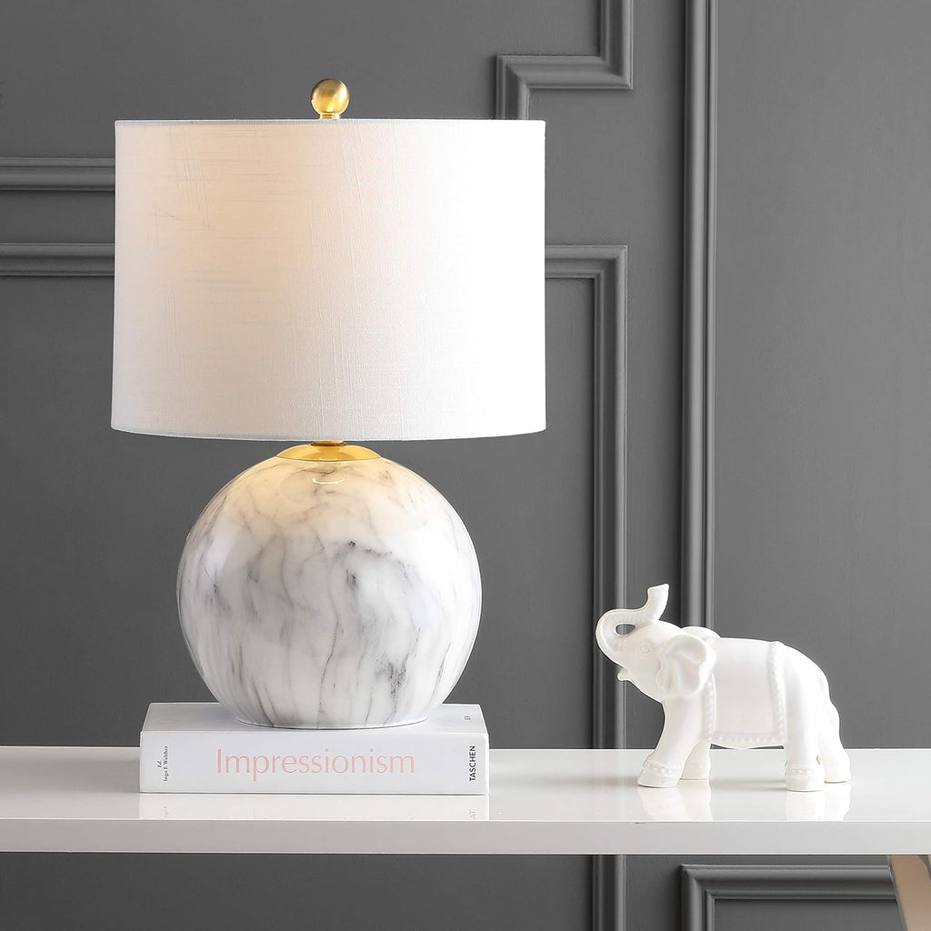 21.5" White/Brass Gold Faux Marble Resin Table Lamp, Glam Geometric Sphere Base Bedroom, White Linen Drum Shade