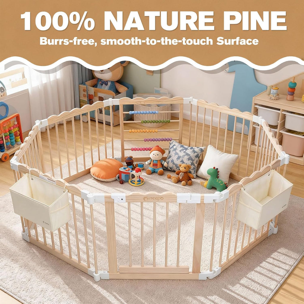 Foldable Wooden Baby Playpen, Adjustable Play Yard, 57x57x25in - Set of 2