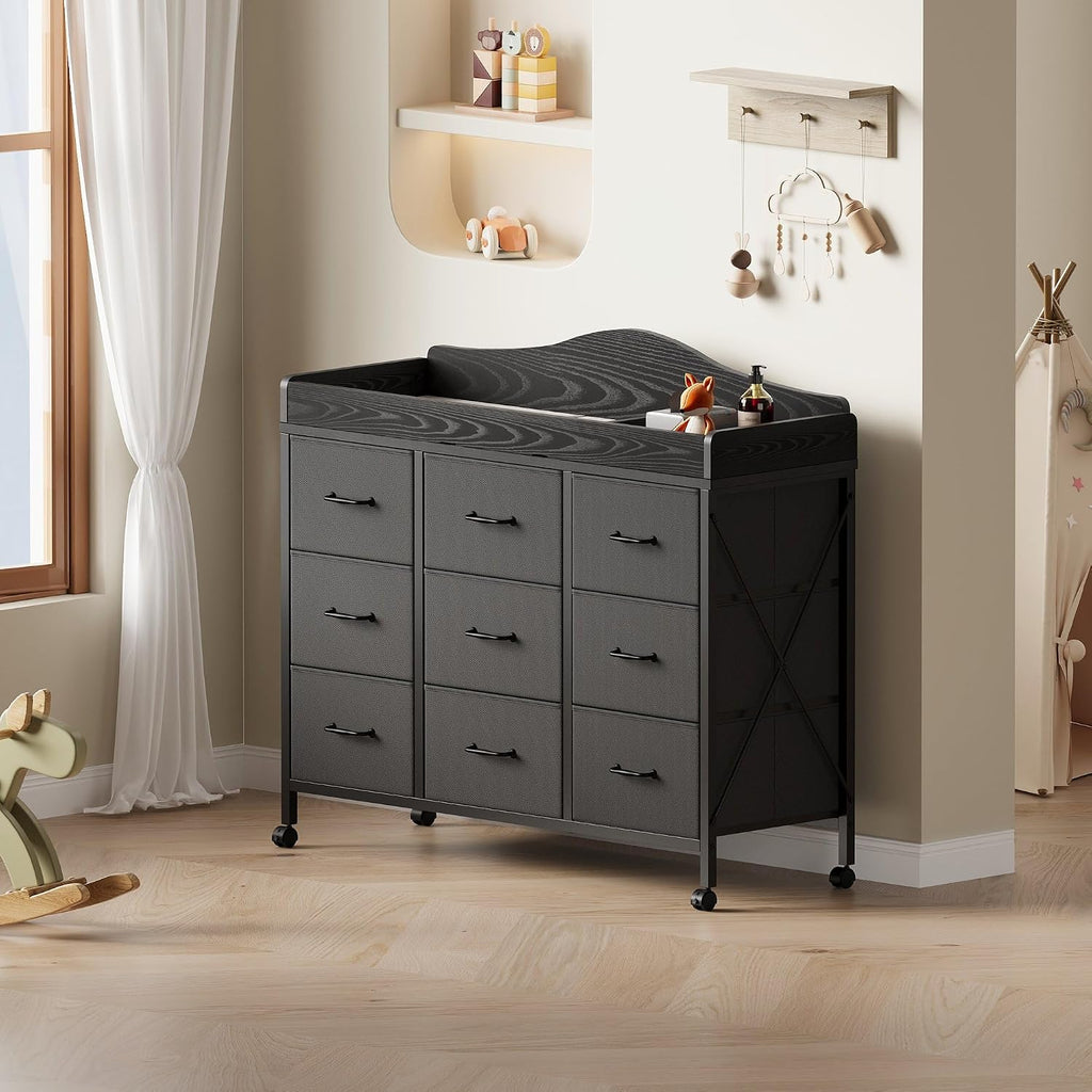 Baby Changing Table, 9 Fabric Boxes, Waterproof Pad, Mobile Nursery, Black | Baby Changing Table,Waterproof Diaper