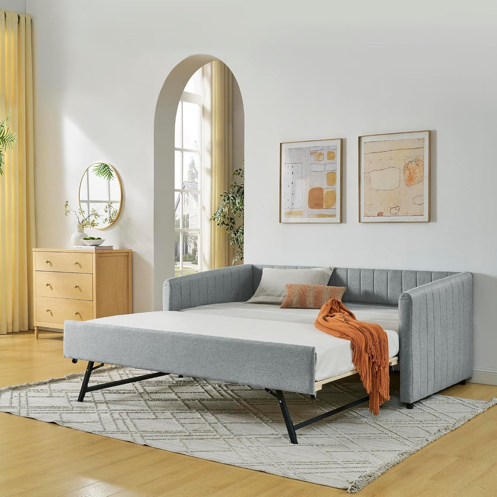 Twin Size Upholstery Daybed with Erectable Trundle and Vertical Stripes, Twin to King Design Extendable Linen Sofa