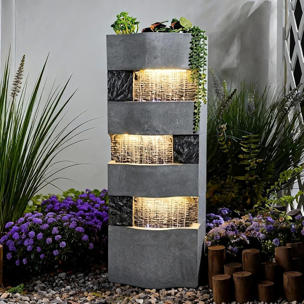 40.5" H Modern Outdoor Water Fountain with LED Lights - Tall Garden Waterfall Fountain