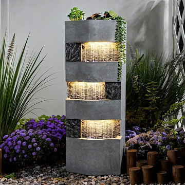 40.5" H Modern Outdoor Water Fountain with LED Lights - Tall Garden Waterfall Fountain