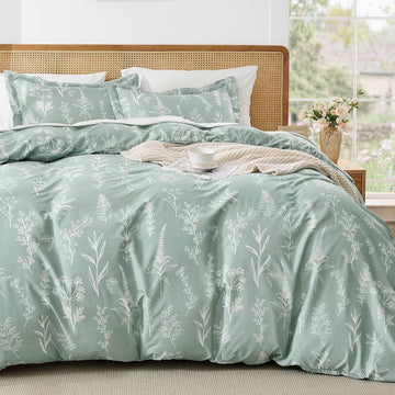 Duvet Cover, Reversible Floral Green Duvet Cover Set with Zipper Closure, 3 Pieces Botanical Patterns Soft