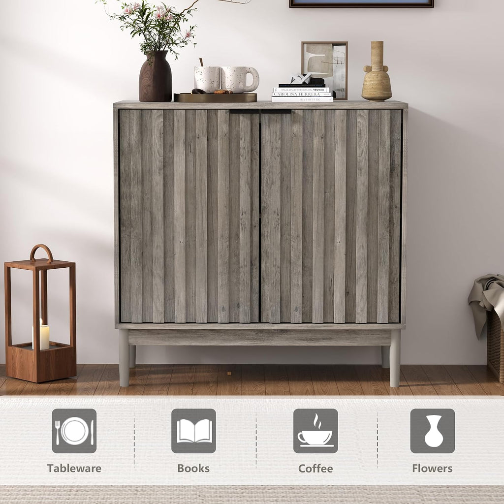 Fluted Cabinet with Storage, Small Buffet Cabinet Sideboard with Door, Kitchen Buffet Storage Accent Cabinets with
