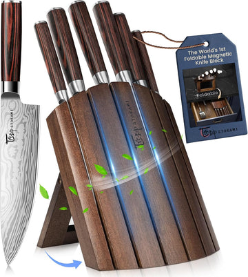 2026 Upgrade Knife Set 7 Piece Japanese Style Kitchen Knife Set With Foldable Magnetic Acacia Wood Block Sharp High