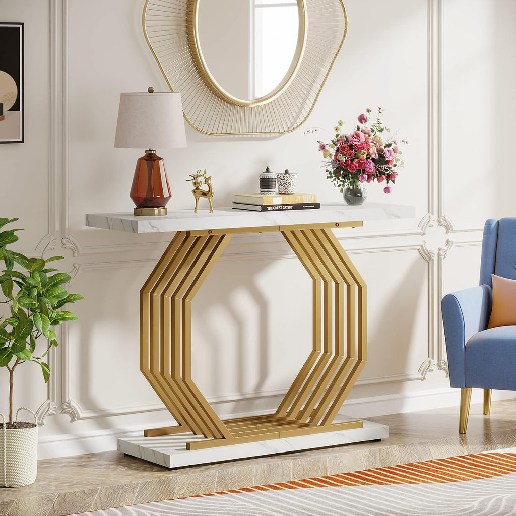Gold Console Table, Faux Marble Entryway Table Narrow Sofa with Geometric Metal Base, 40 Inch Modern Accent Entrance