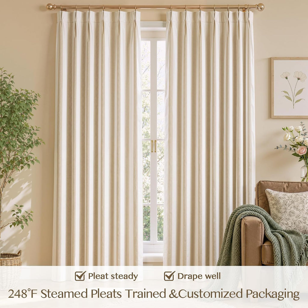 Beige Stripe Pinch Pleated Curtains, Linen Blend Light Filtering Gingham Drapes with Memory Pleats for Living Room Bedroom, 2 Panels