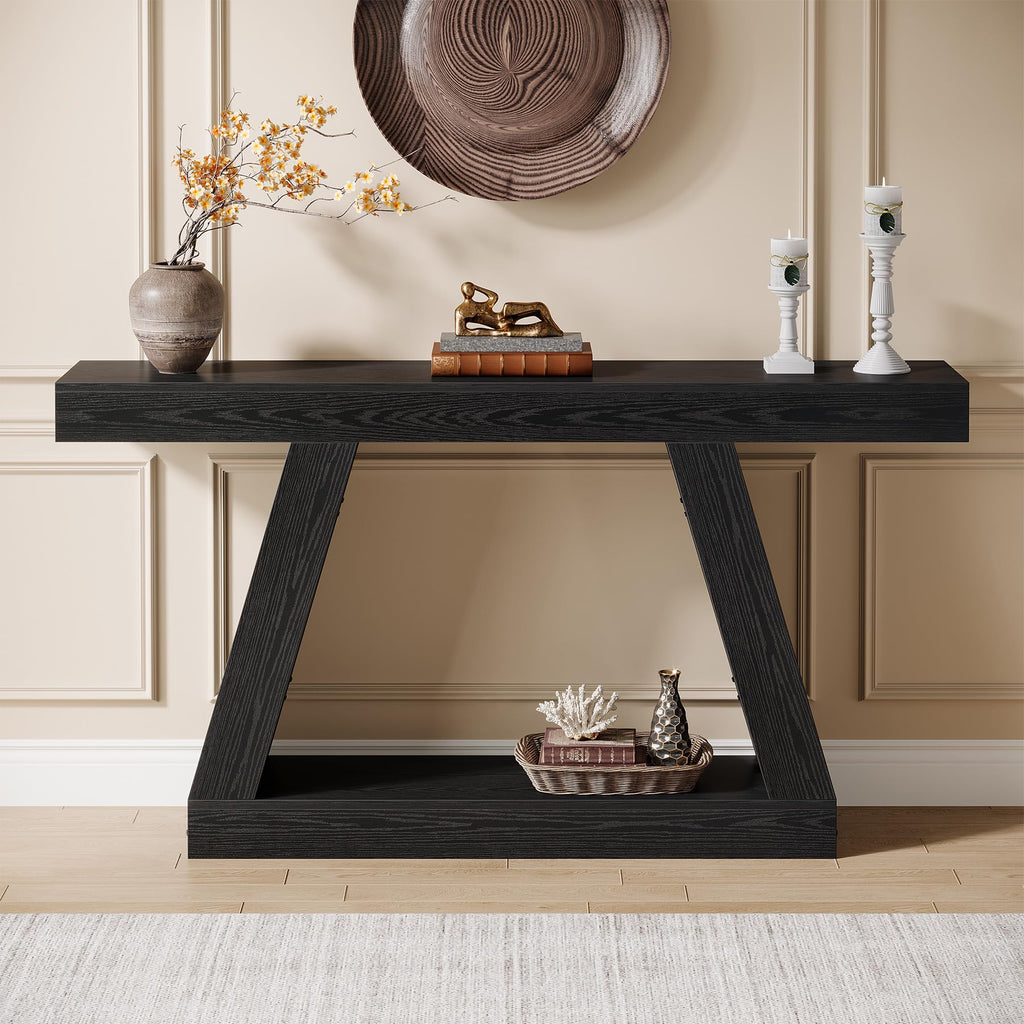 Farmhouse Console Table, 55-Inch Rustic Sofa Table with Storage, Industrial Wooden Entryway Table, Black & Brown