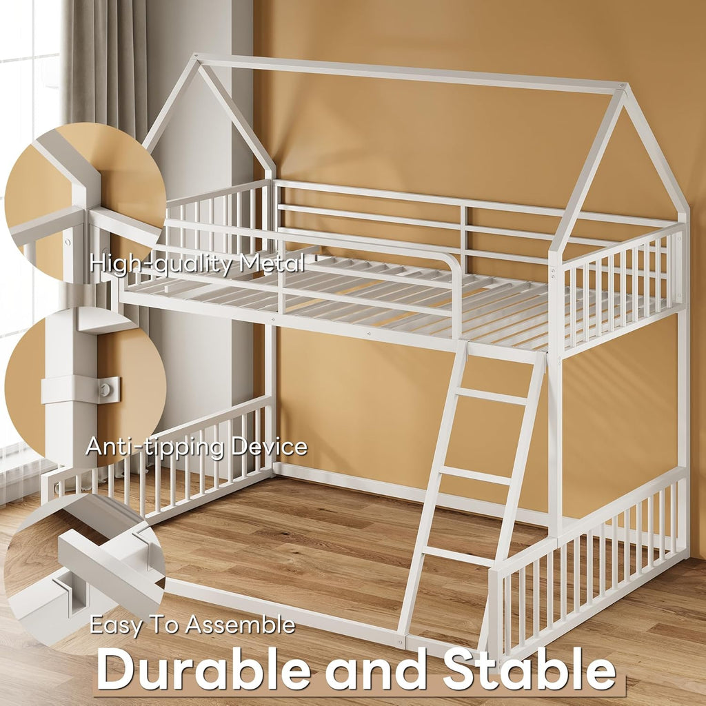 Bunk Bed Twin Over Full, House Bunk Bed Frame with Ladder and Guardrail