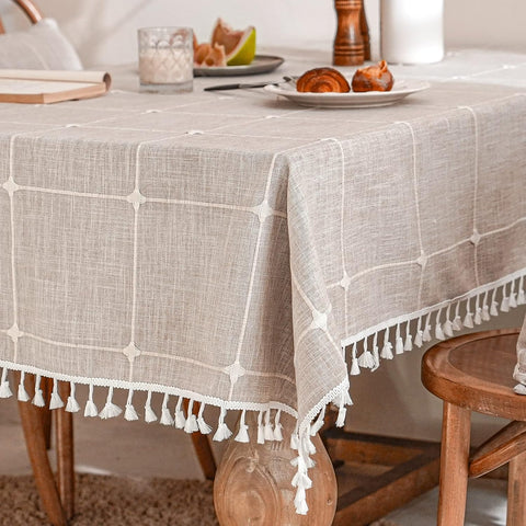Tablecloths, Embroidered Waterproof Table Cloth Cotton Linen Wrinkle Free Anti-Fading Table Cover De