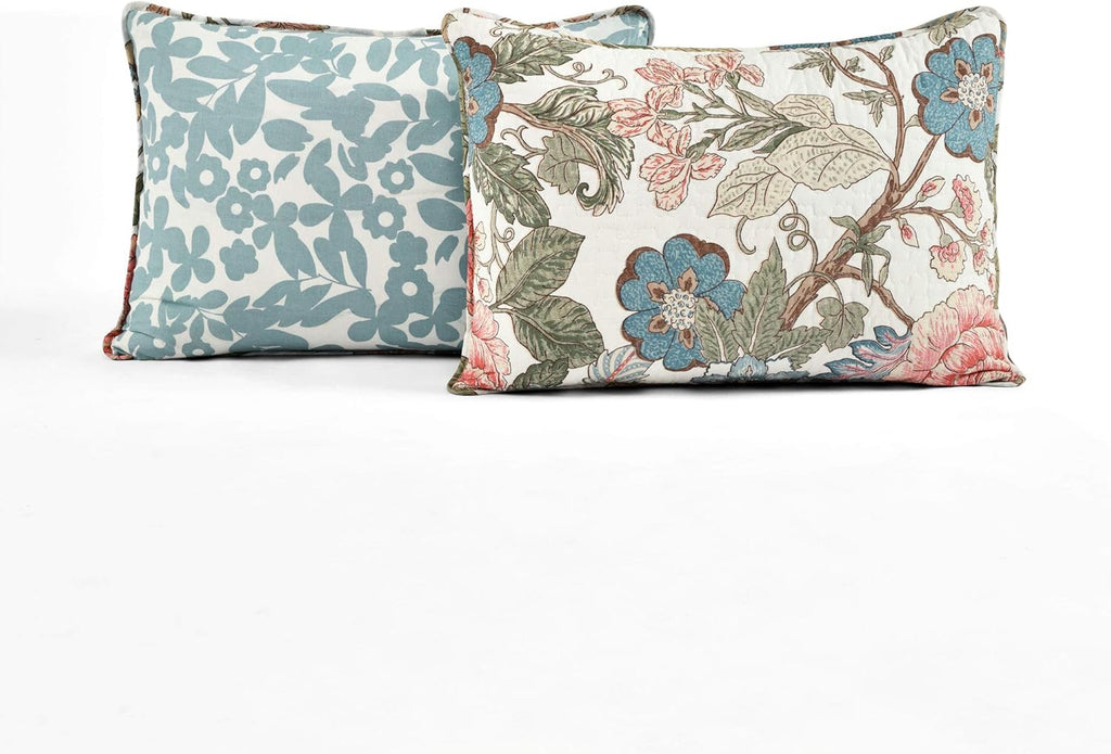 Reversible Cotton Quilt Set, 3 Piece Set, /, Green & Blue - Cotton Bedding Set - Blue Floral Quilt