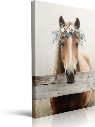Farmhouse Horse Painting Canvas Wall Art Framed Print Rustic Animal Portrait with Floral Crown Pastel Colors