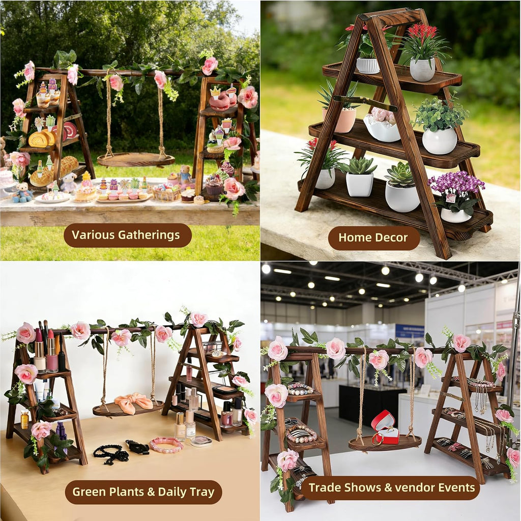Wooden Cupcake Stand, 3 Tier Dessert Display Serving Tray with Swing and Flower Decoration, Foldable Tiered Ladders