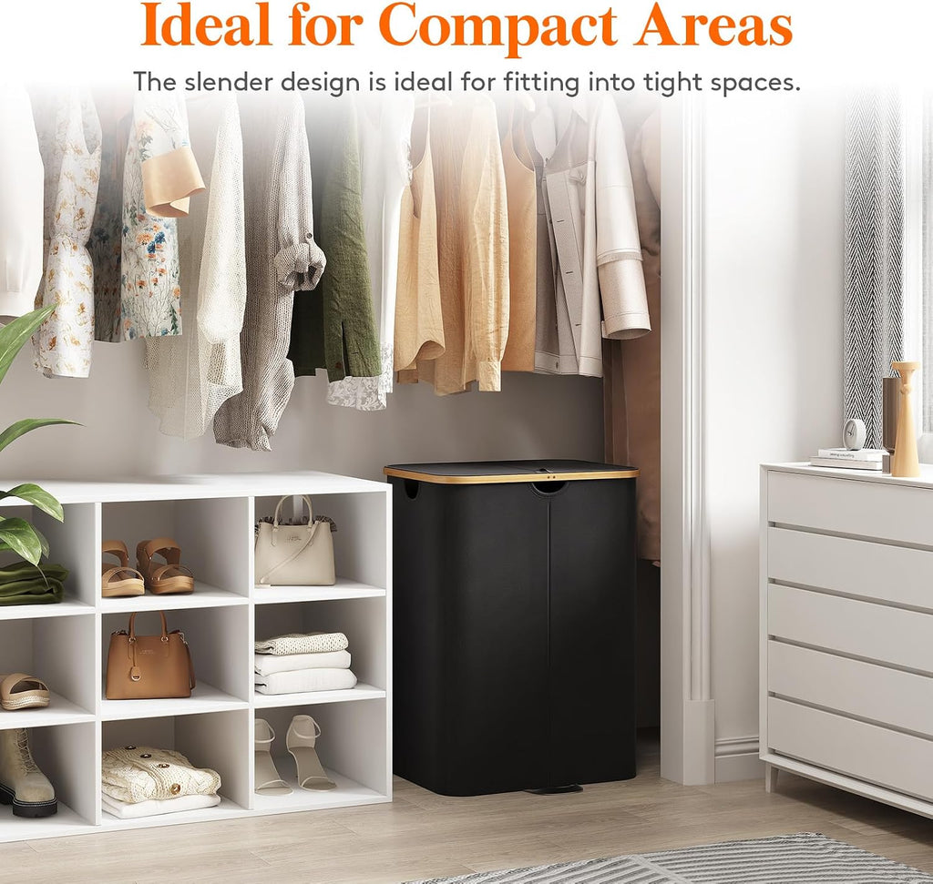 150L Double Laundry Hamper with Lid, Large Laundry Basket with Removable Bag & Bamboo Handles, Fodable Tall Dirty