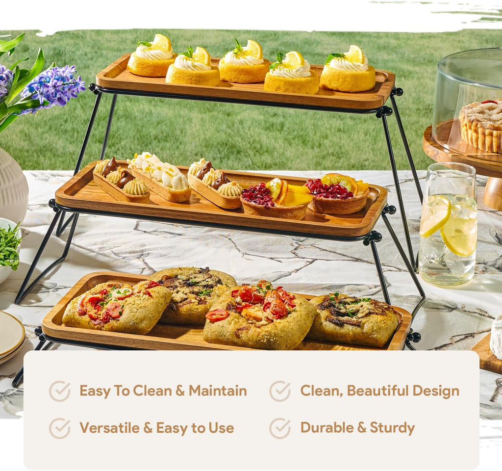 3 Tiered Tray Stand - Acacia Wood 3 Tier Serving Tray, Cupcake, Cake, Charcuterie Boards & Food Stand, Dessert Table