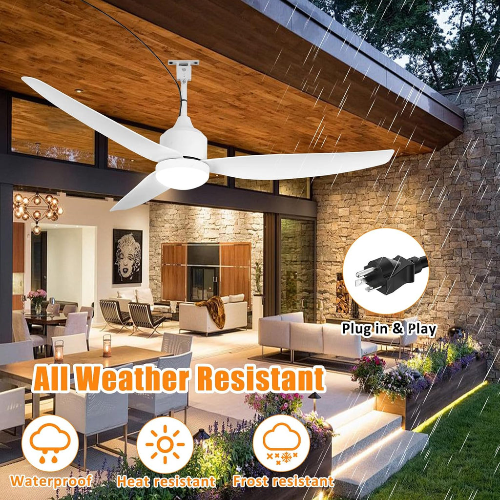 52 Inch Waterproof Gazebo Fans with Lights Outdoor Hanging - Plug in Remote App Control for Patio Indoor Farmhouse Porch - White 6 Speed Reversible DC Motor