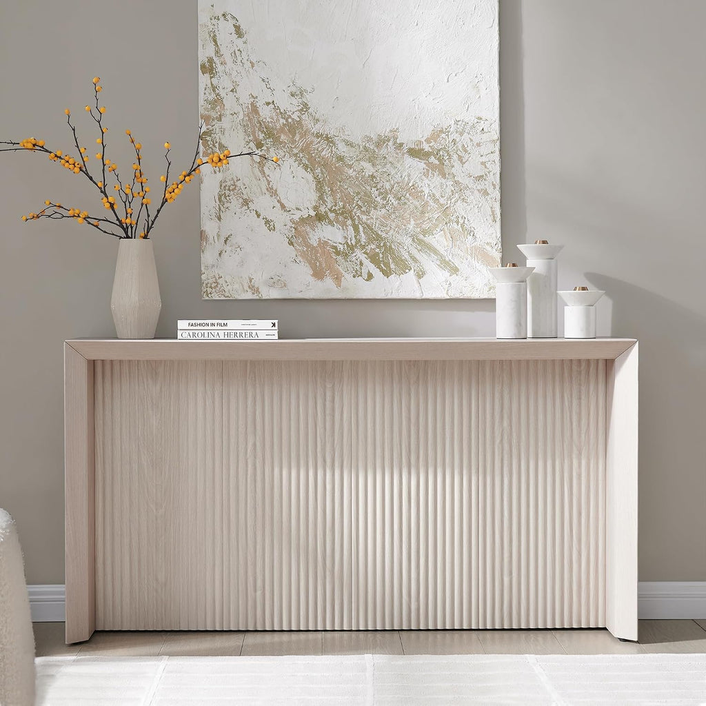 56" Fluted Wooden Rectangular Console Table Ribbed Entryway Table, Sofa Table , Couch, Hallway, or Office, Beech White